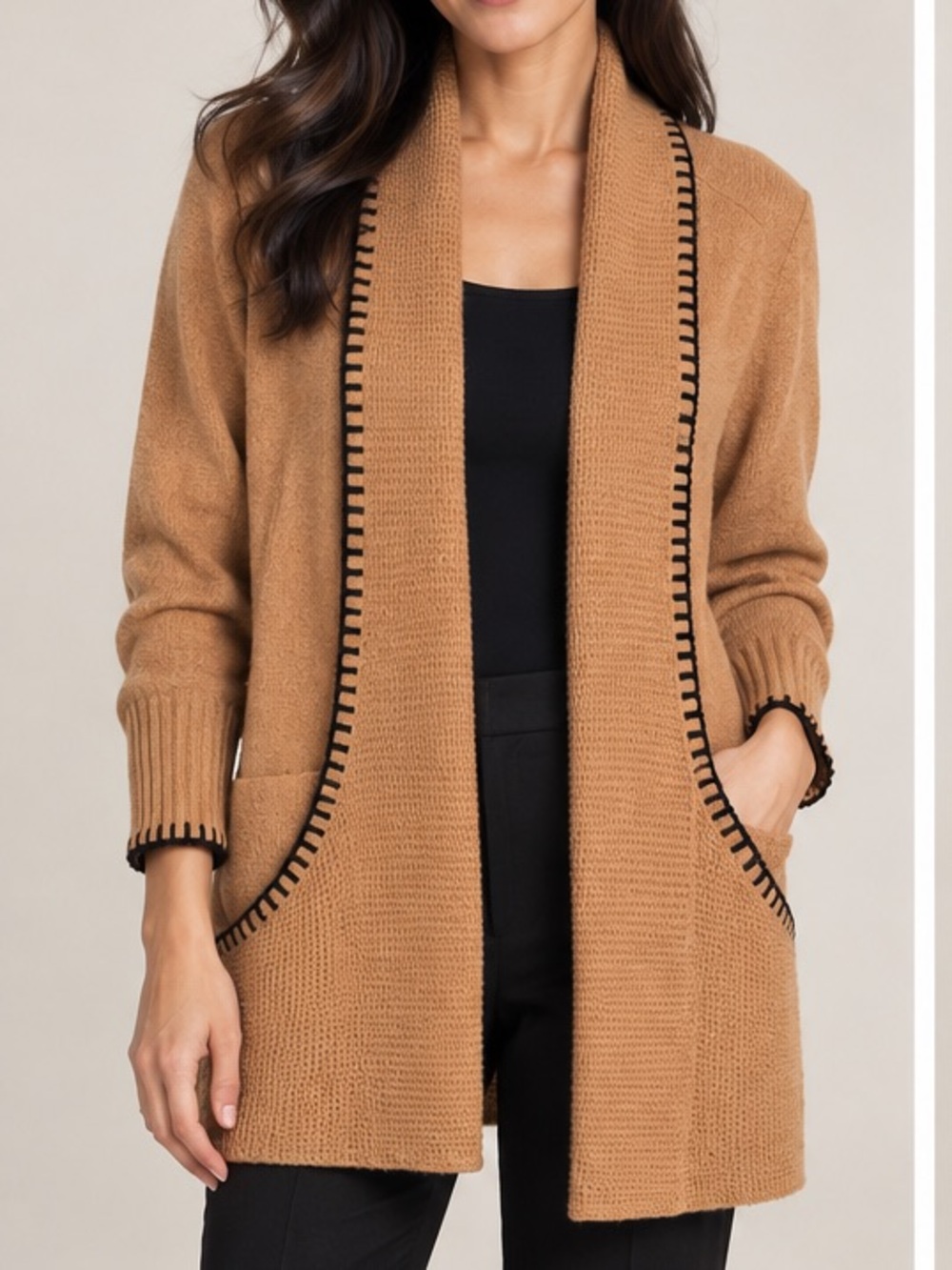 Verve Ami Camel Cardigan with Black Trim